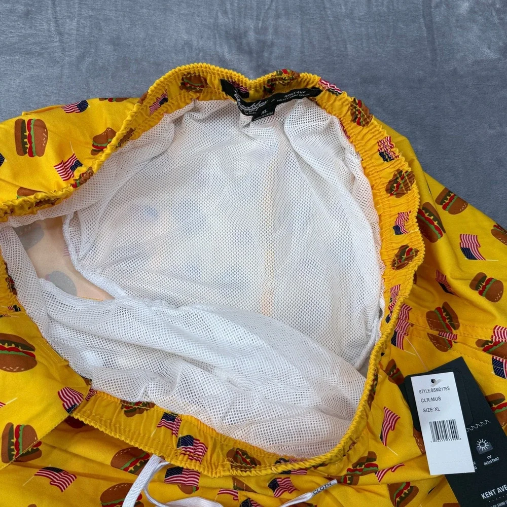 Brooklyn Swim Trunk Cloth Kent Ave Men XL Yellow Burger American Flag Volley NWT